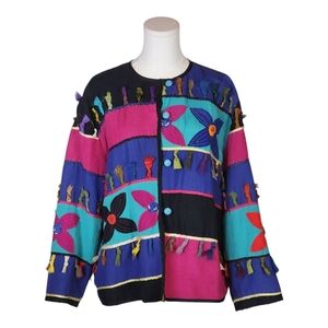 Vintage Allure Patchwork Jacket XL Boho Colorblock Fringe Floral 80s 90s